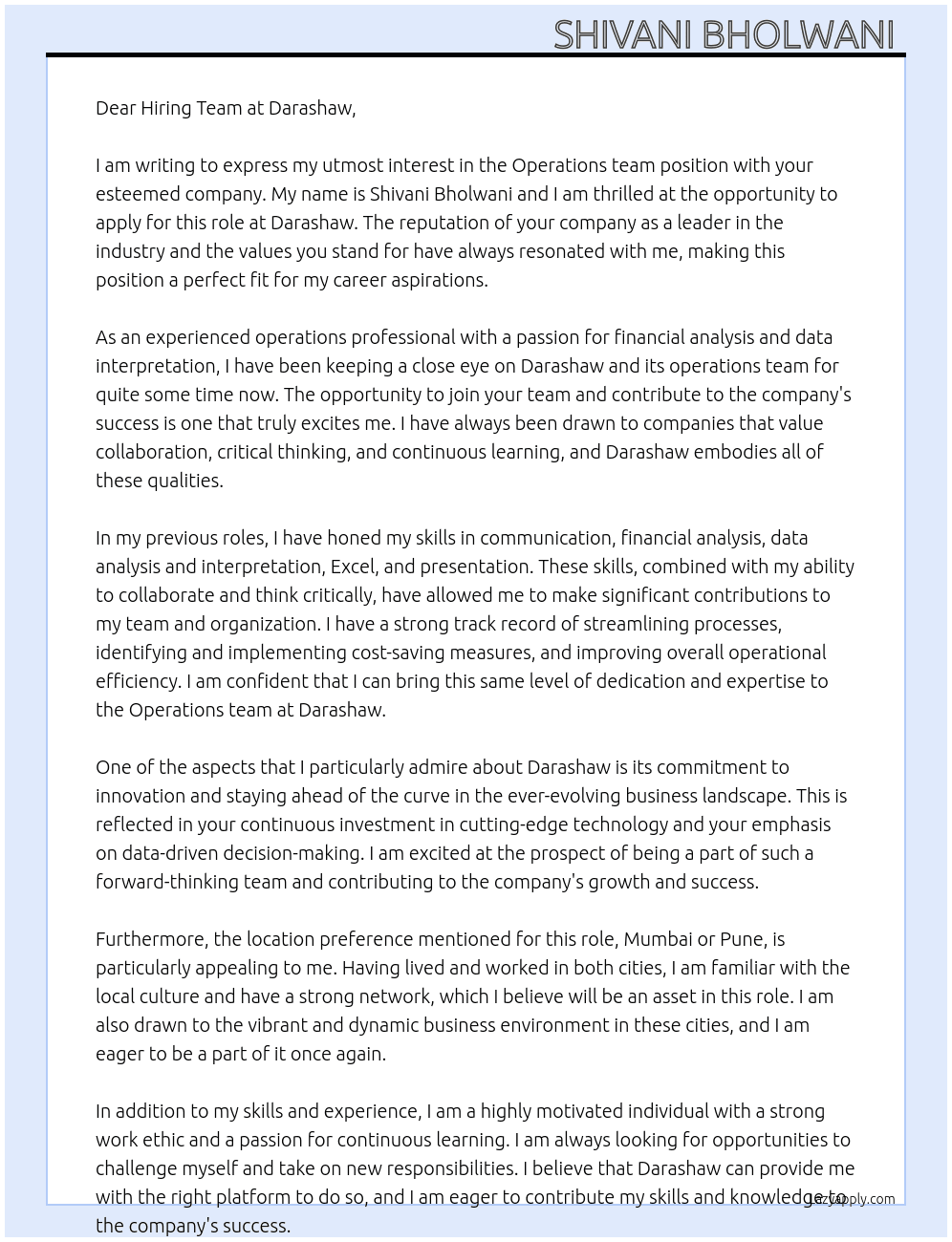Operations team  At Darashaw  Cover Letter