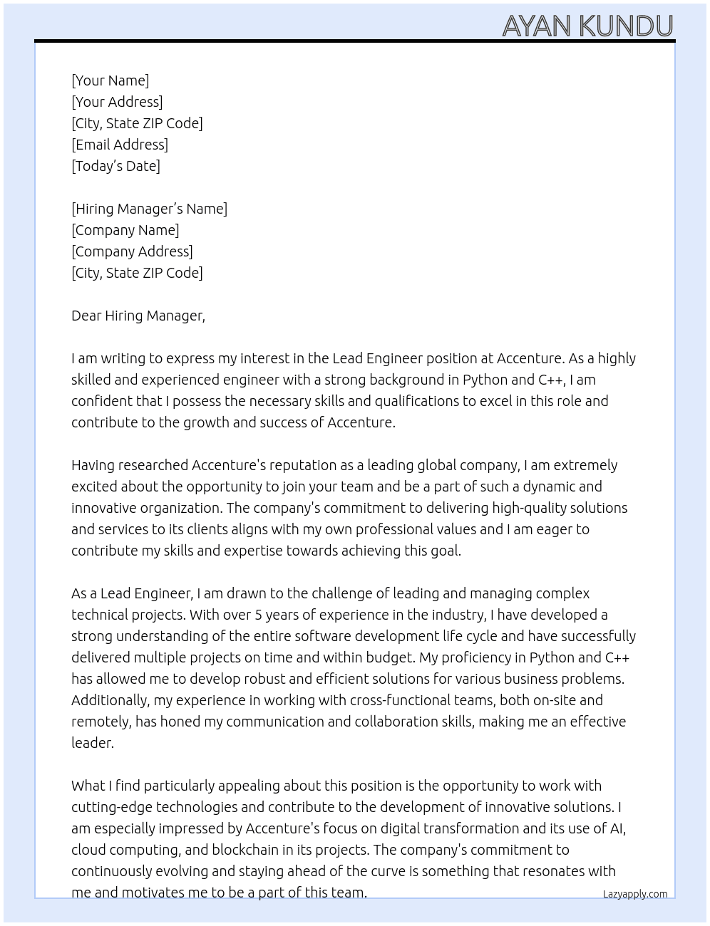 Lead Engineer At Accenture Cover Letter