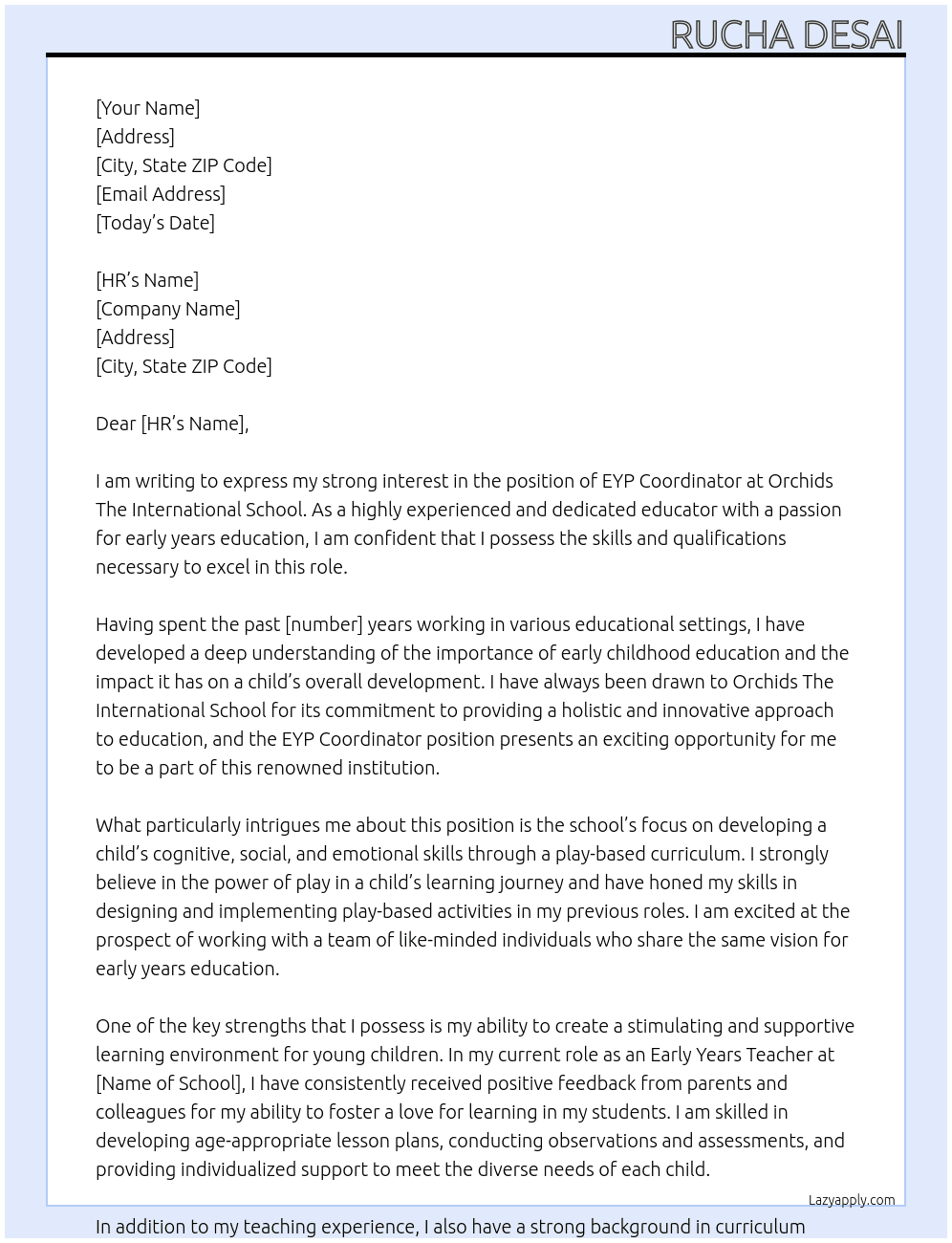 EYP Coordinator At Orchids The International School Cover Letter