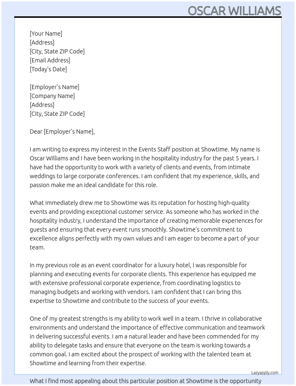 Events staff At Showtime Cover Letter