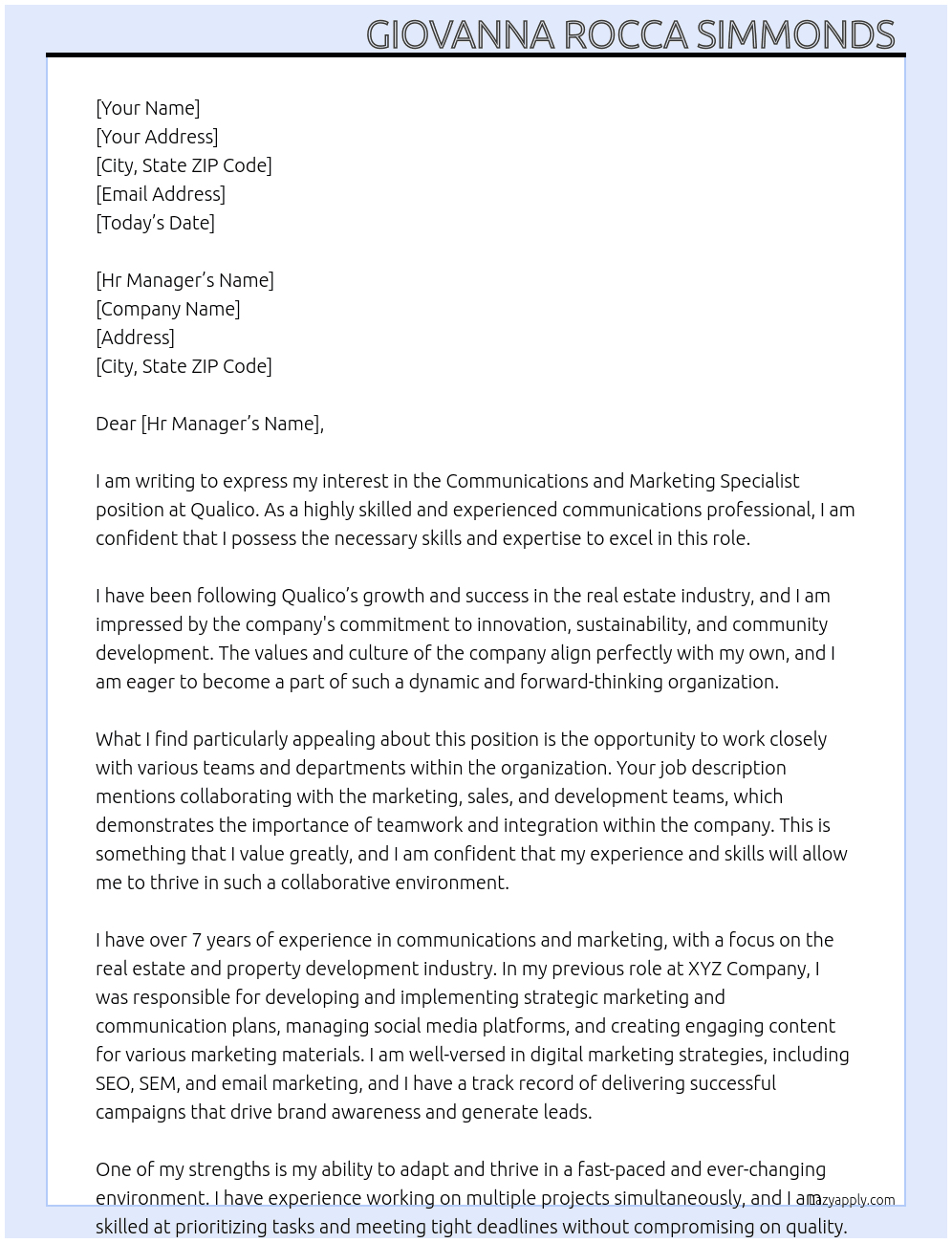 Communications and Marketing Specialist At Qualico  Cover Letter
