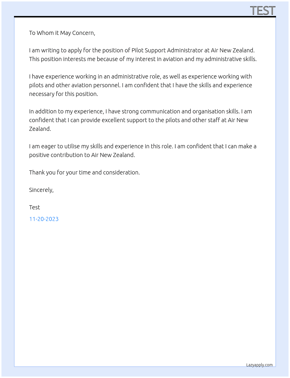 Pilot Support Administrator At Air New Zealand  Cover Letter