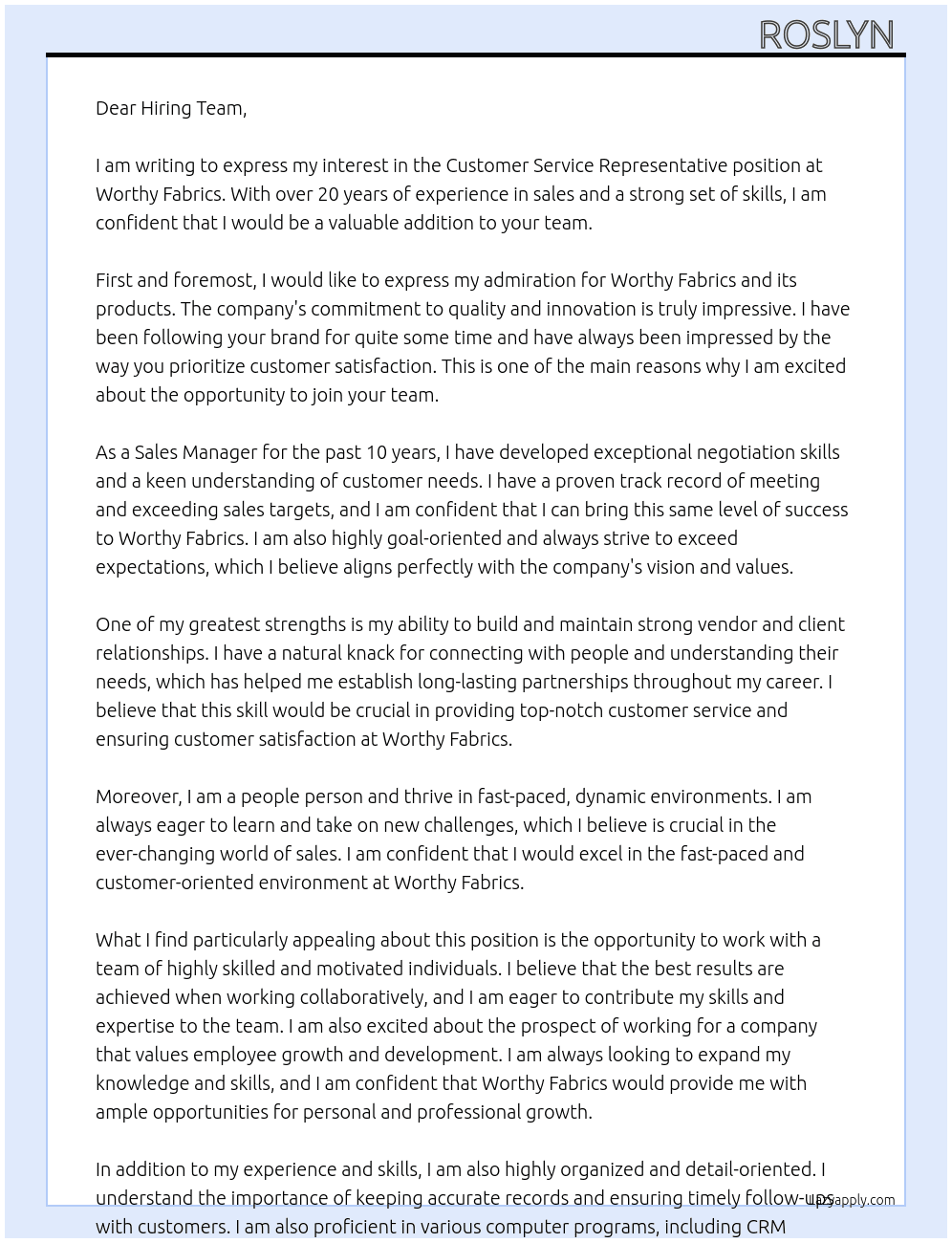 Customer service representative  At Worthy Fabrics Cover Letter