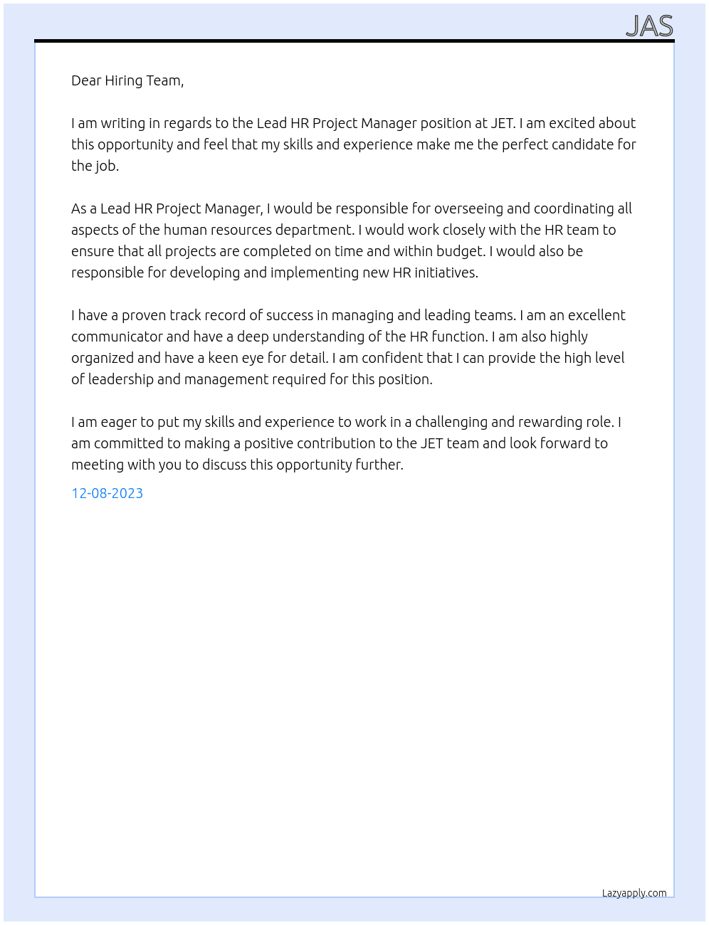 Lead HR Project Manager At JET Cover Letter