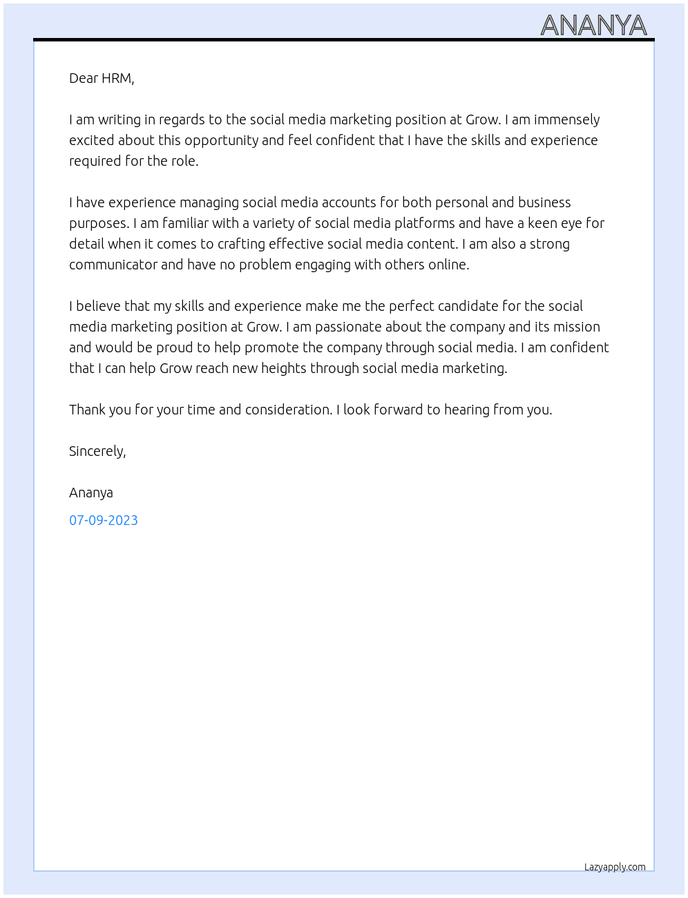 social media marketing At grow  Cover Letter
