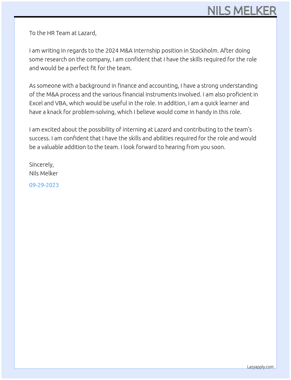 2024 M&A Internship - Stockholm At Lazard Cover Letter