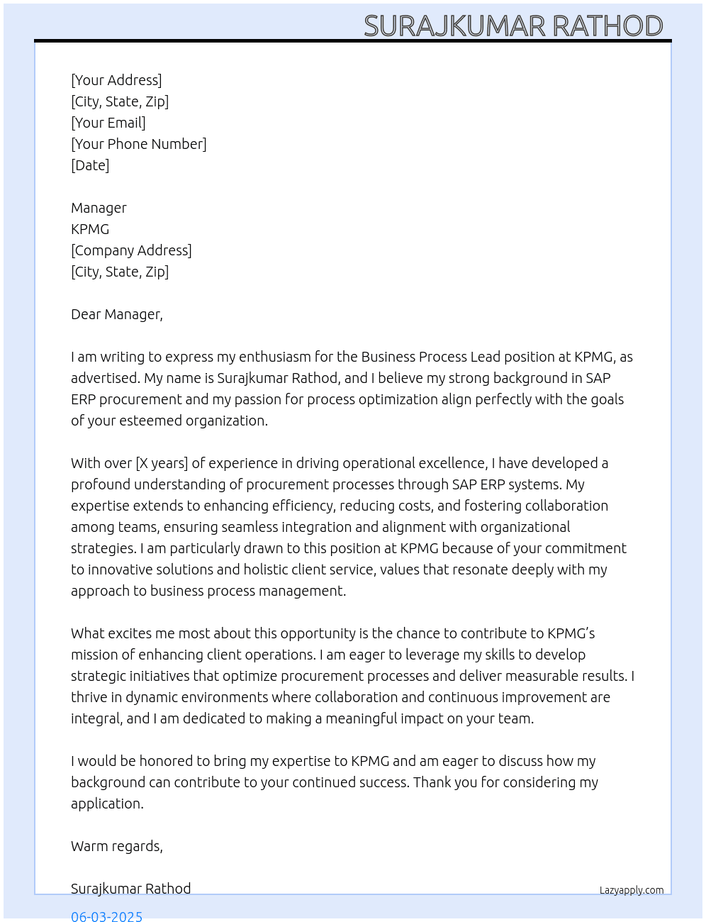 Cover letter for business process lead - LazyApply