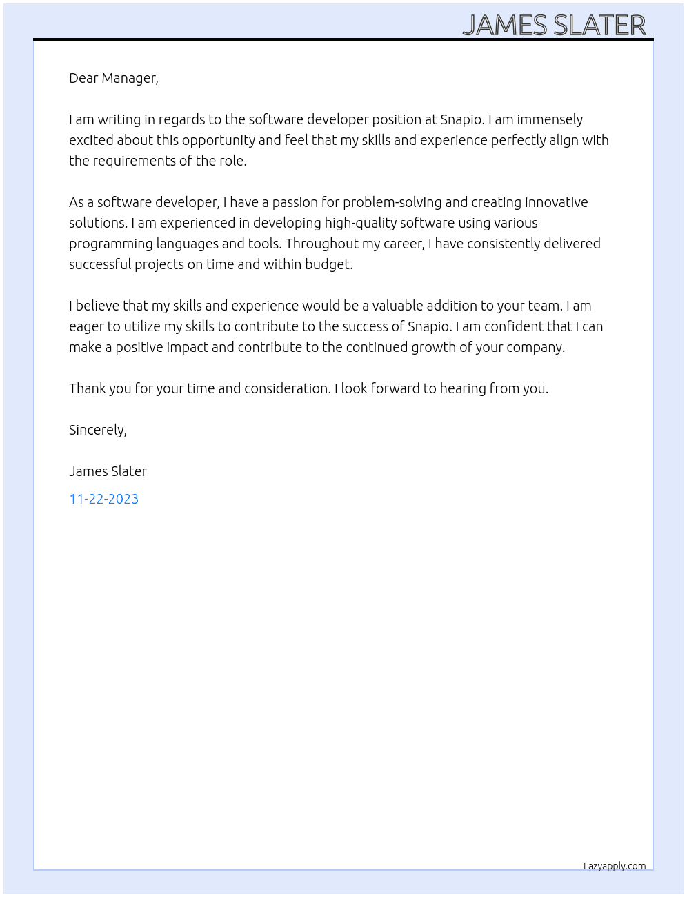 software developer At Snapio Cover Letter