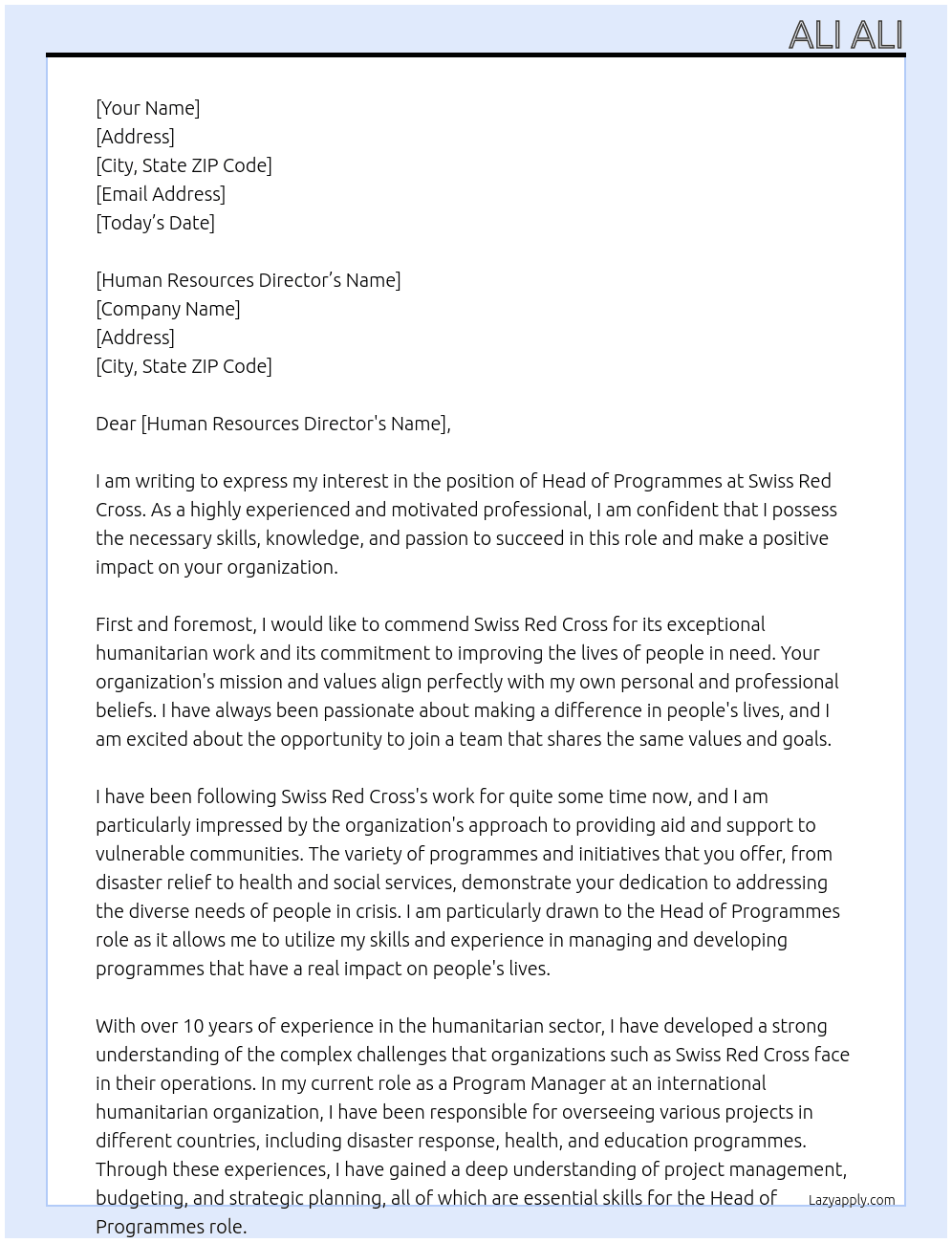 Head of Programmes  At  Swiss Red Cross Cover Letter