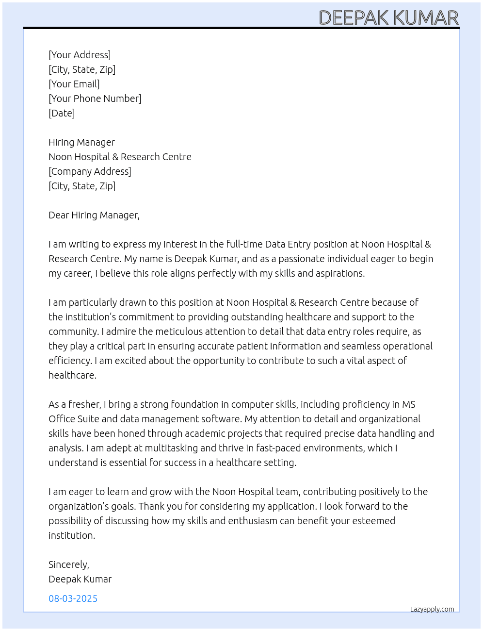 Data entry At Noon hospital & research centre  Cover Letter