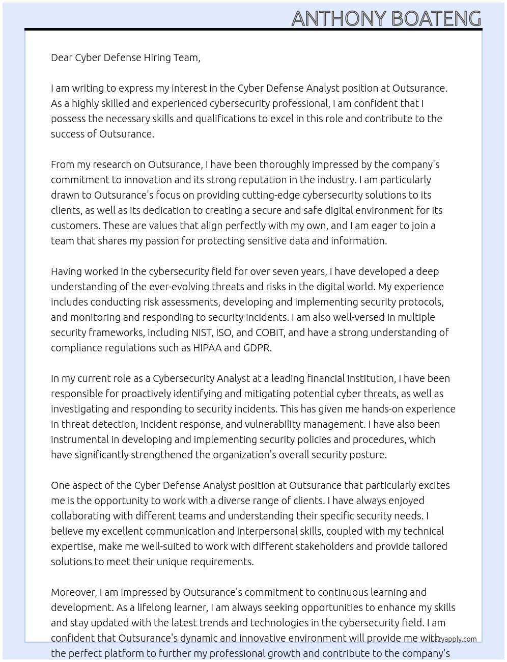 CYBYER DEFENCE ANALYST At OUTSURANCE Cover Letter
