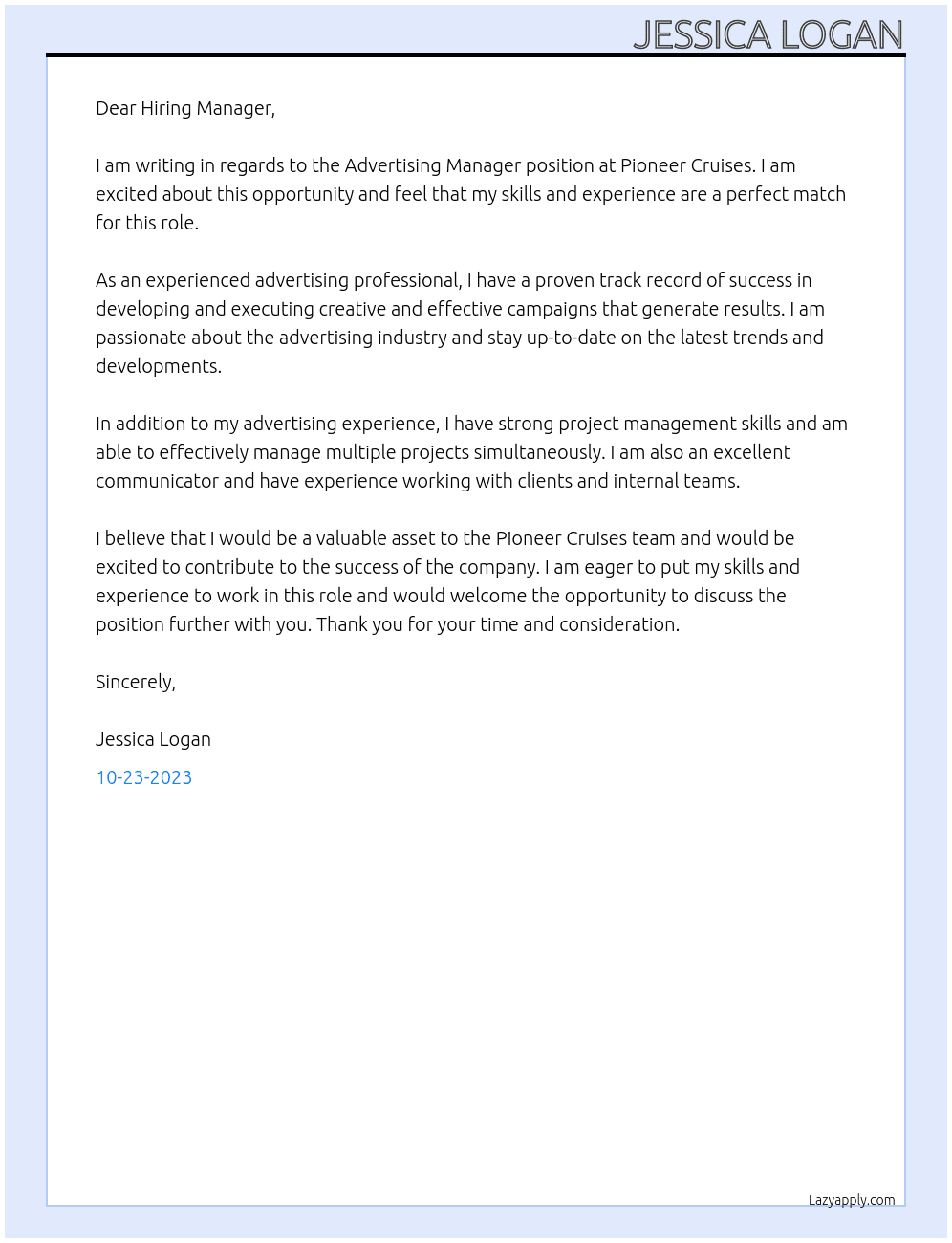 Advertising Manager At Pioneer Cruises Cover Letter
