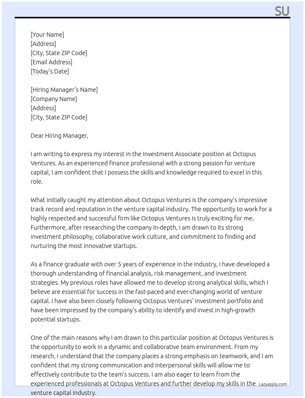investment associate At octopus ventures Cover Letter