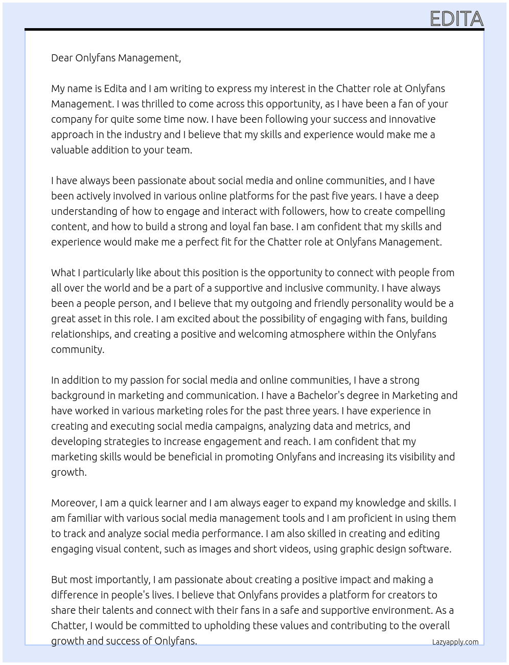 Chatter At Onlyfans management  Cover Letter