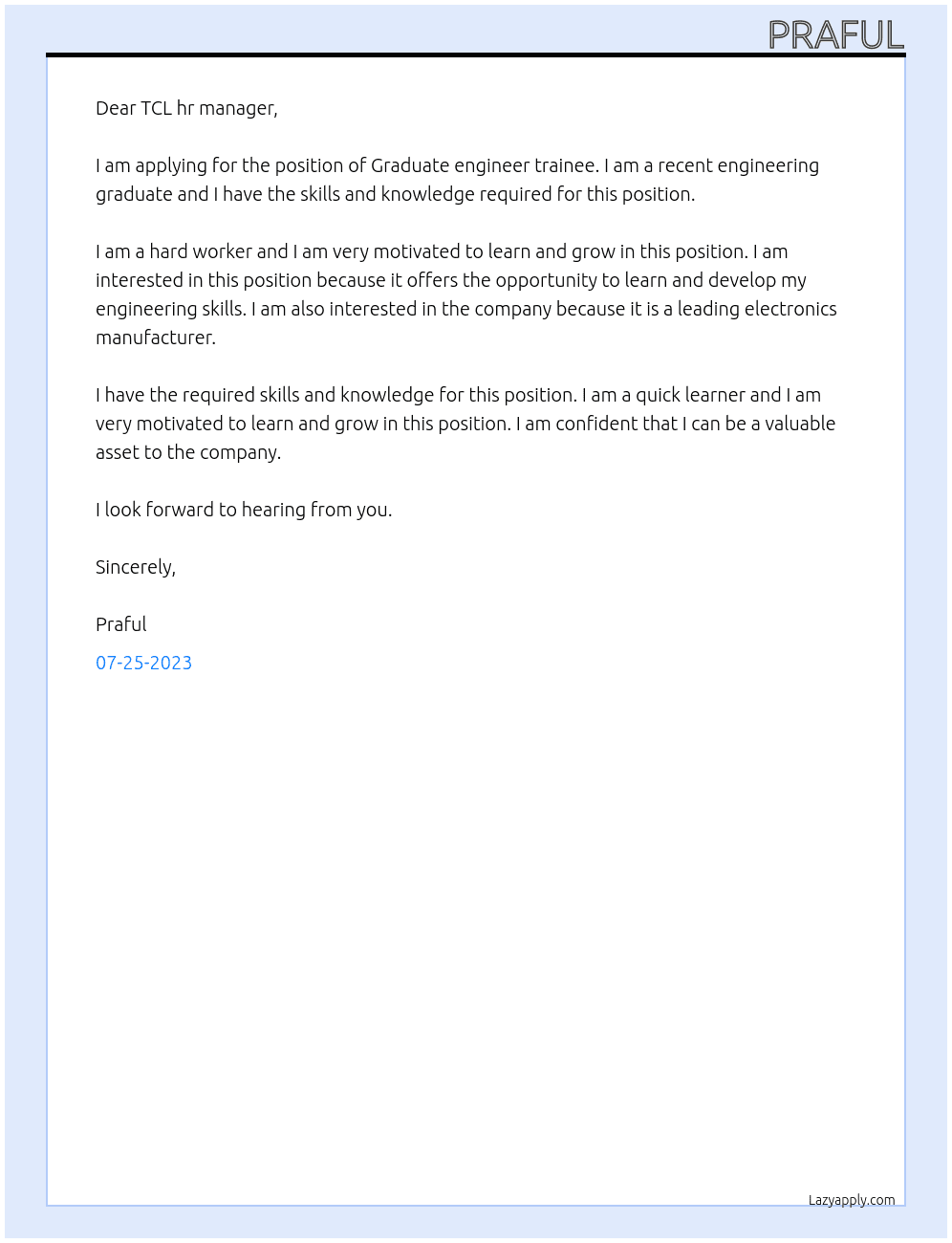 Graduate engineer trainee At TCL Cover Letter