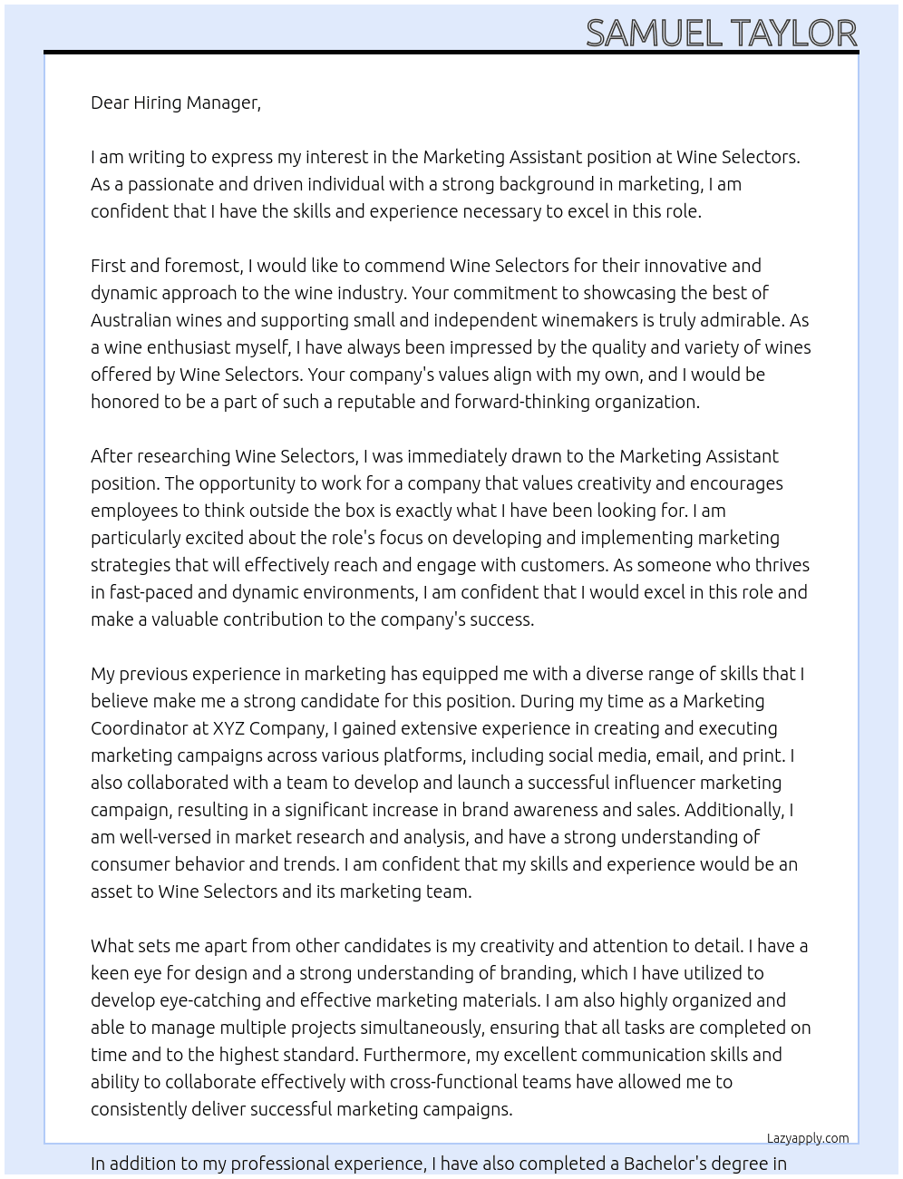 Marketing Assistant At Wine Selectors Cover Letter