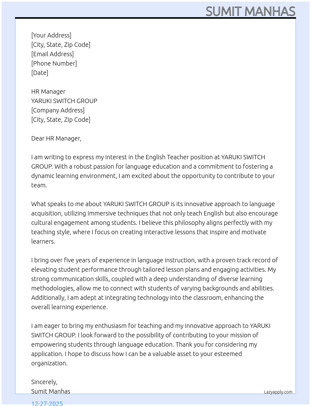English teacher job At YARUKI SWITCH GROUP  Cover Letter