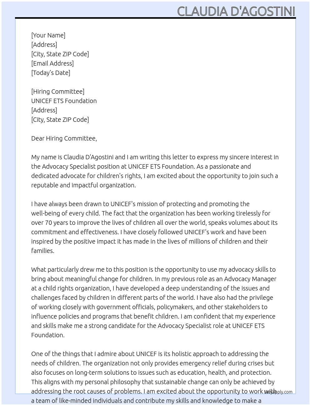 Advocacy Specialist At UNICEF ETS Foundation Cover Letter