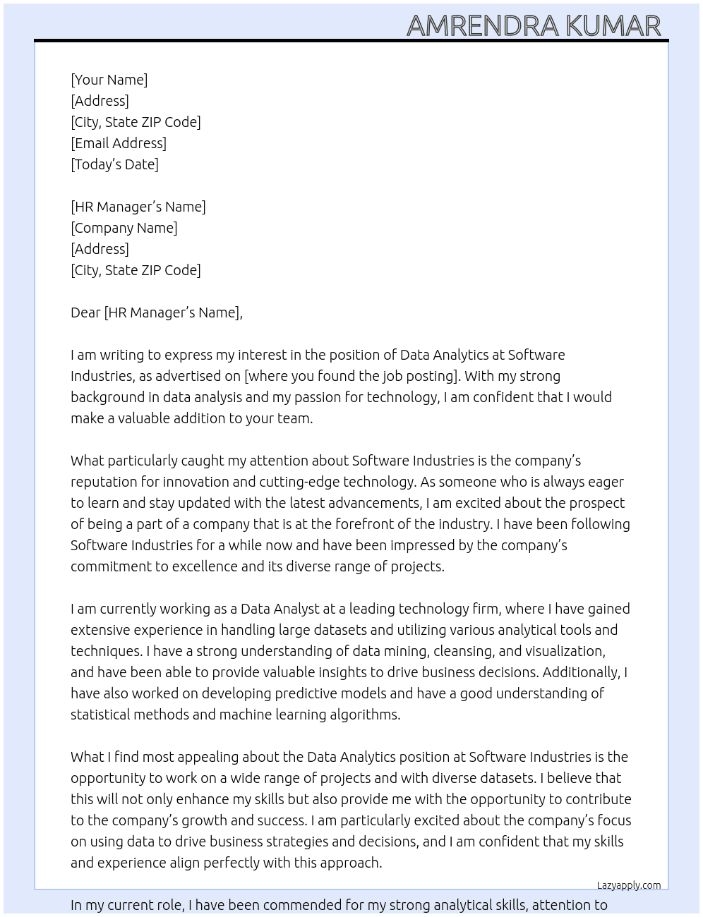 Data Analytics  At Software Industries  Cover Letter