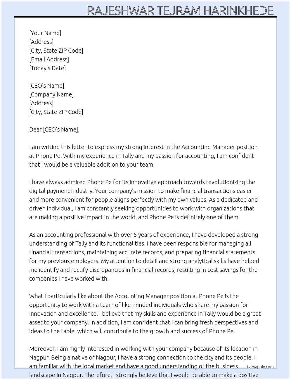 Accounting manager  At Phone pe  Cover Letter