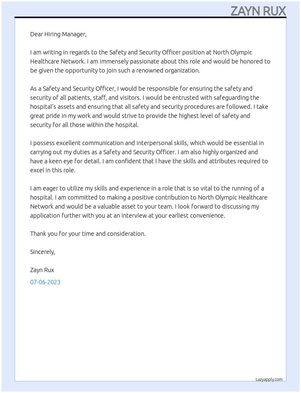 Safety and Security Officer At North Olympic healthcare network Cover Letter