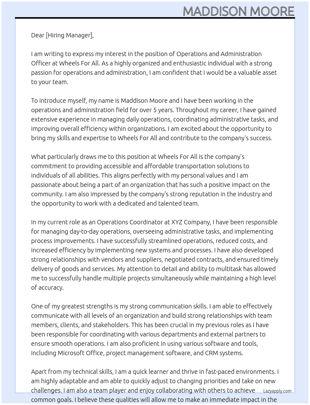 Operations and Administration Officer At wheels for all Cover Letter