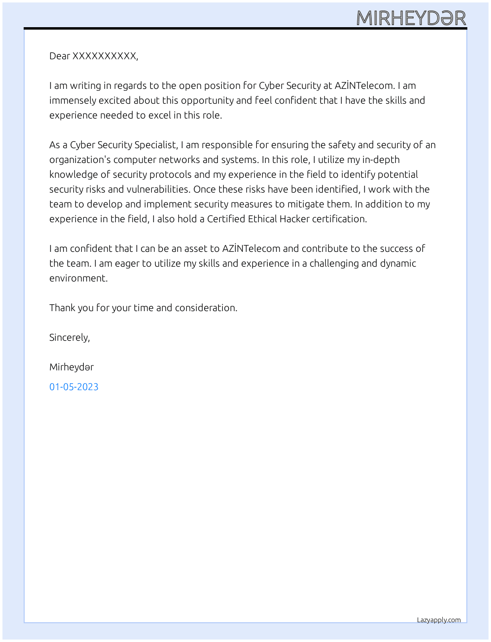 Cyber Security At AZİNTelecom Cover Letter