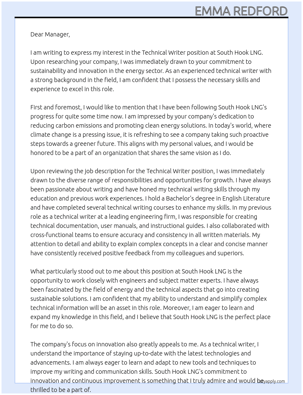 technical writer At South Hook LNG Cover Letter