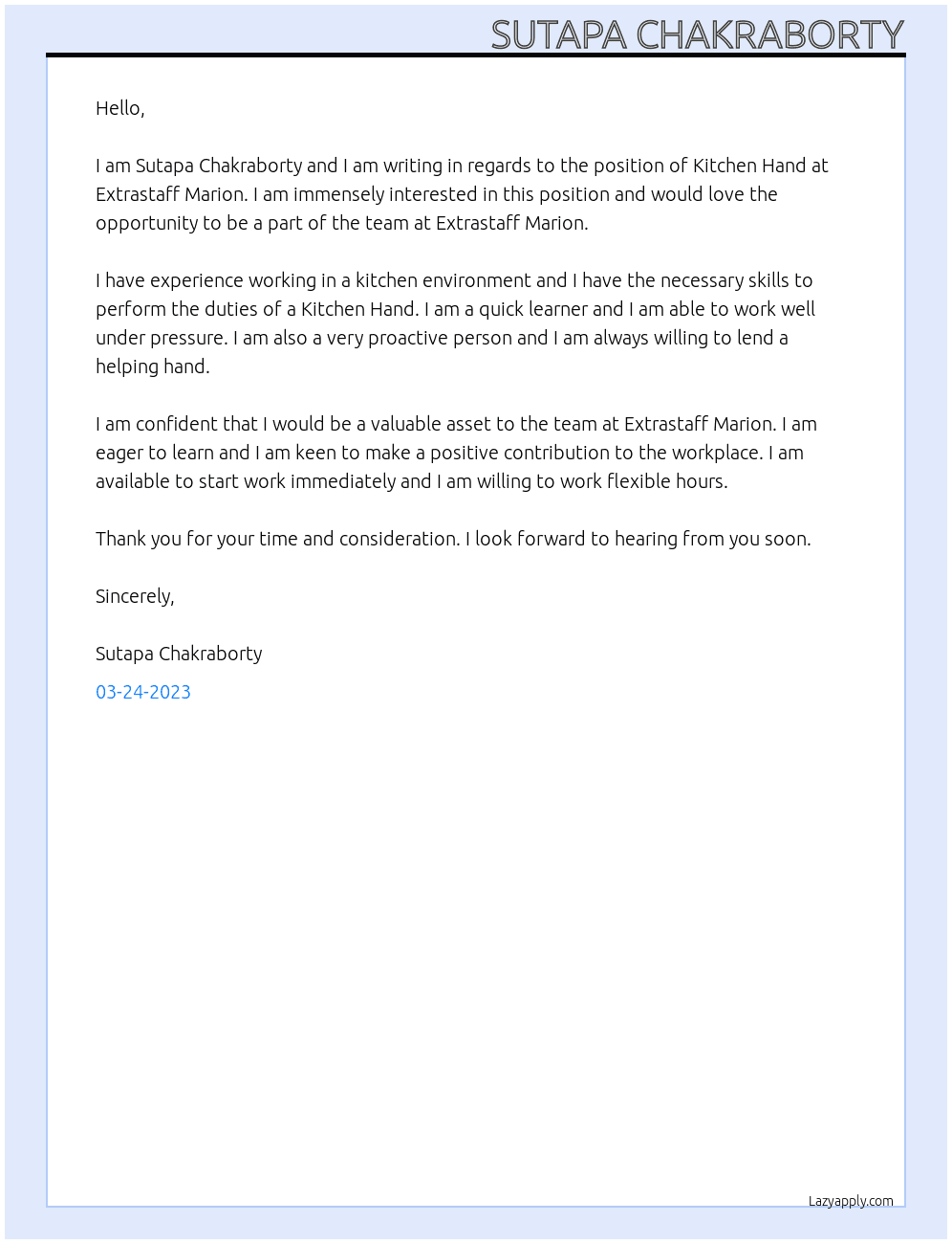 Kitchen Hand At Extrastaff Marion Cover Letter