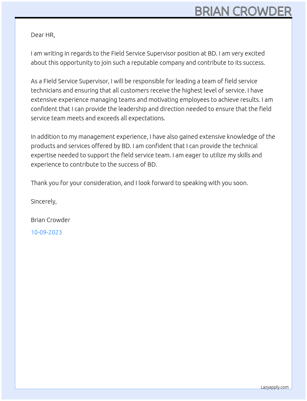 Field Service Supervisor At BD Cover Letter