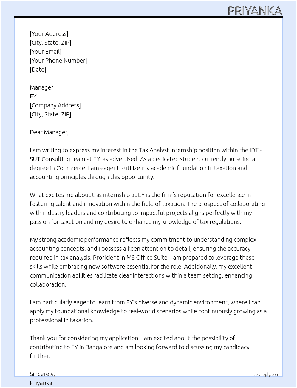 IDT - SUT Consulting - Tax Analyst At EY Cover Letter