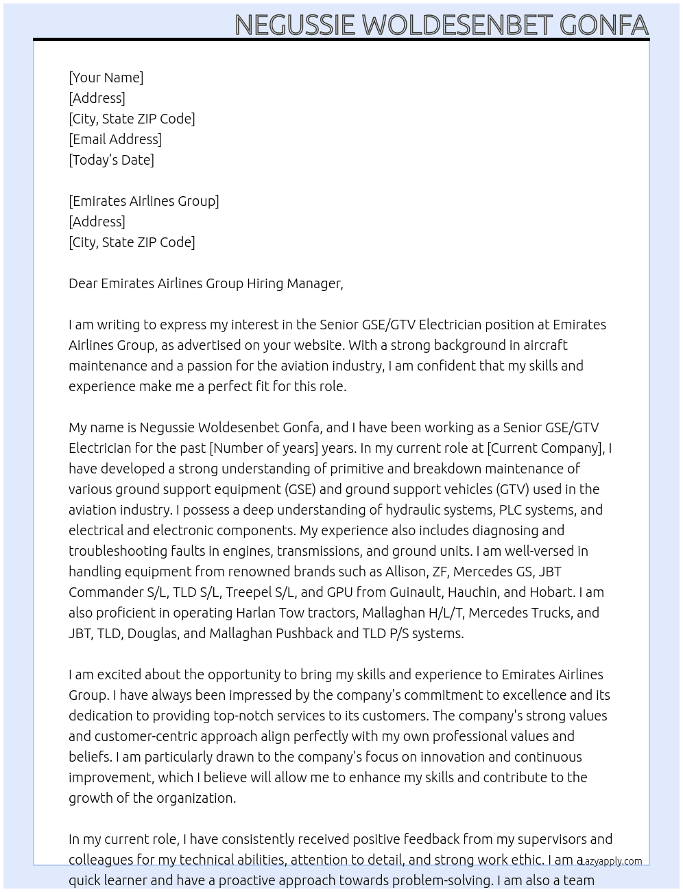 Senior GSE/GTV Electrician At Emirates Airlines Group Cover Letter