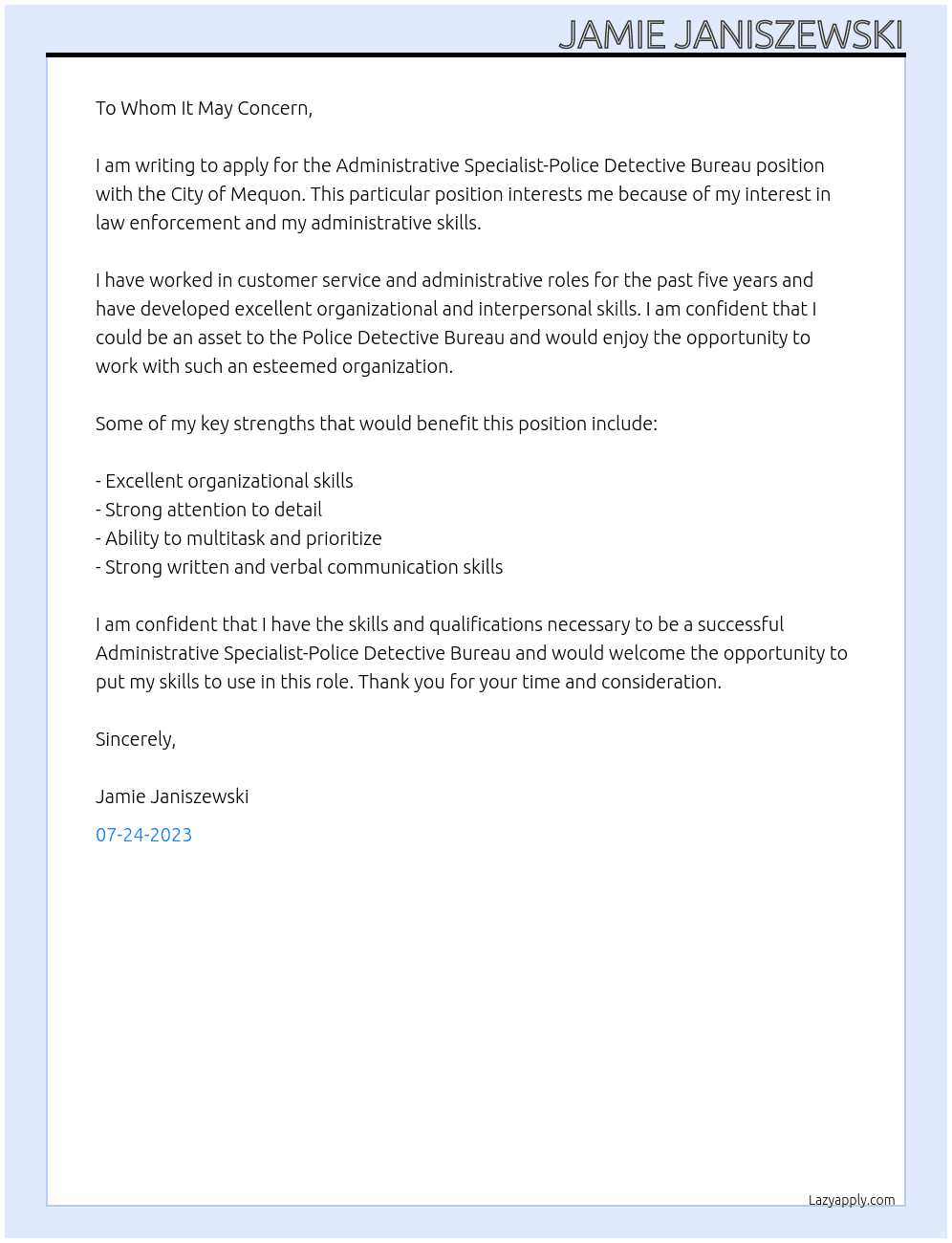 Administrative Specialist-Police Detective Bureau At City of Mequon Cover Letter
