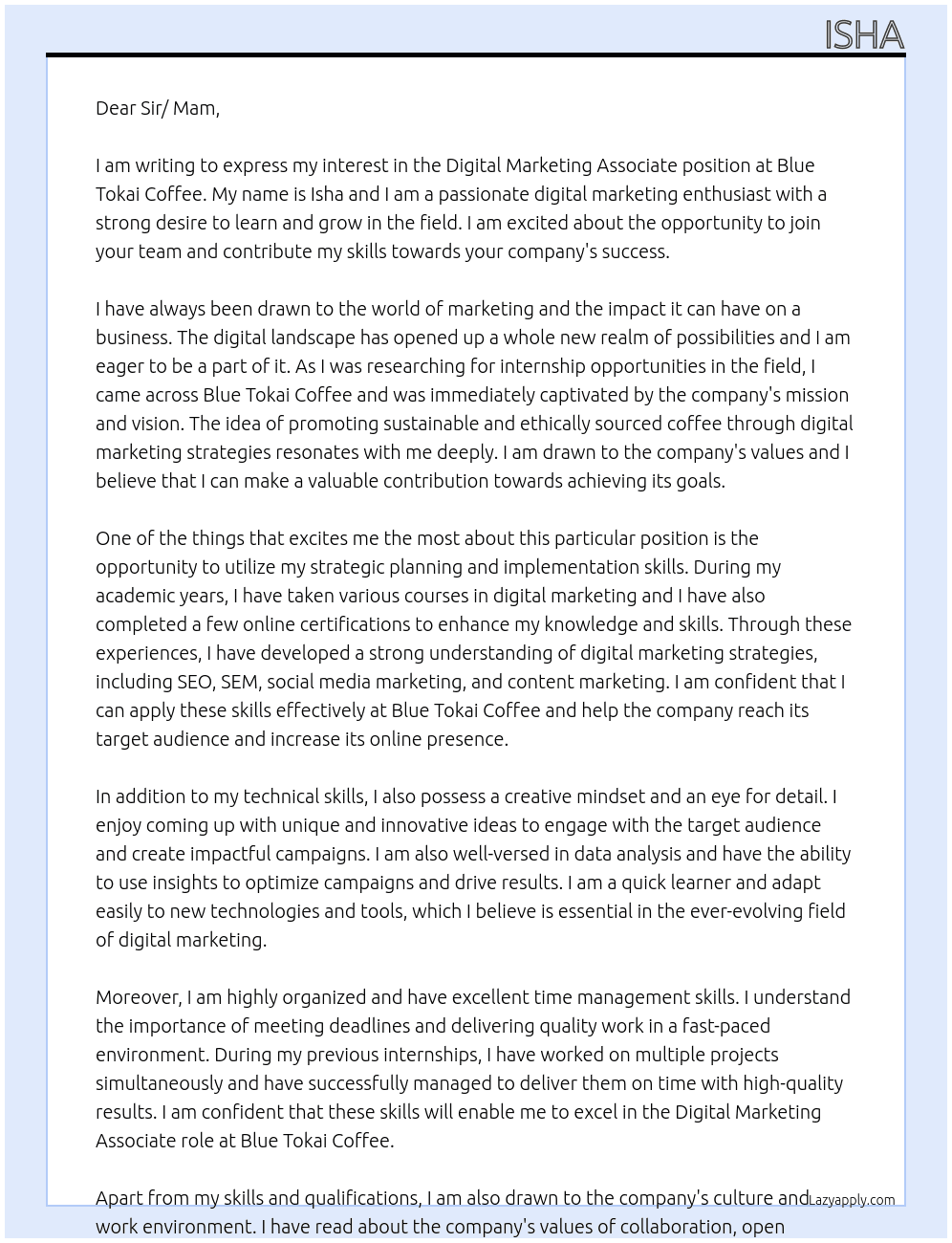 Digital Marketing Associate At Blue Tokai Coffee Cover Letter