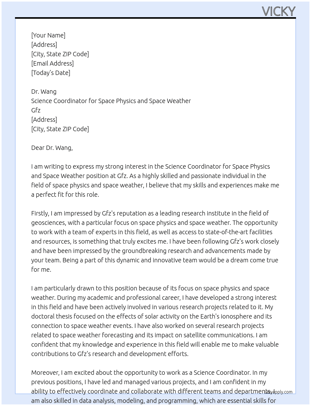 Science coordinator for space physics and space weather  At Gfz Cover Letter