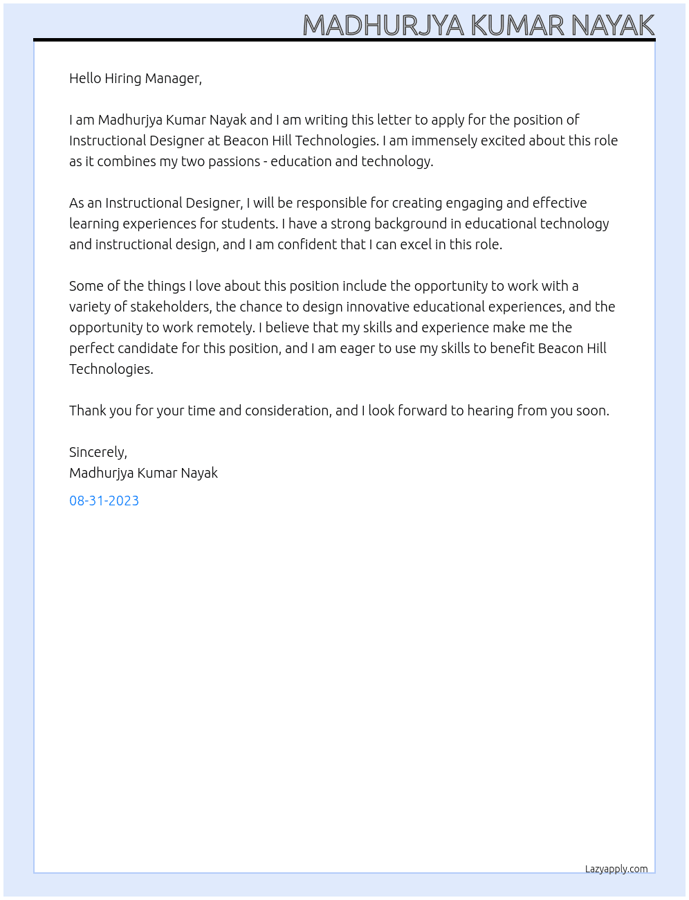 Instructional Designer  At Beacon Hill Technologies Cover Letter