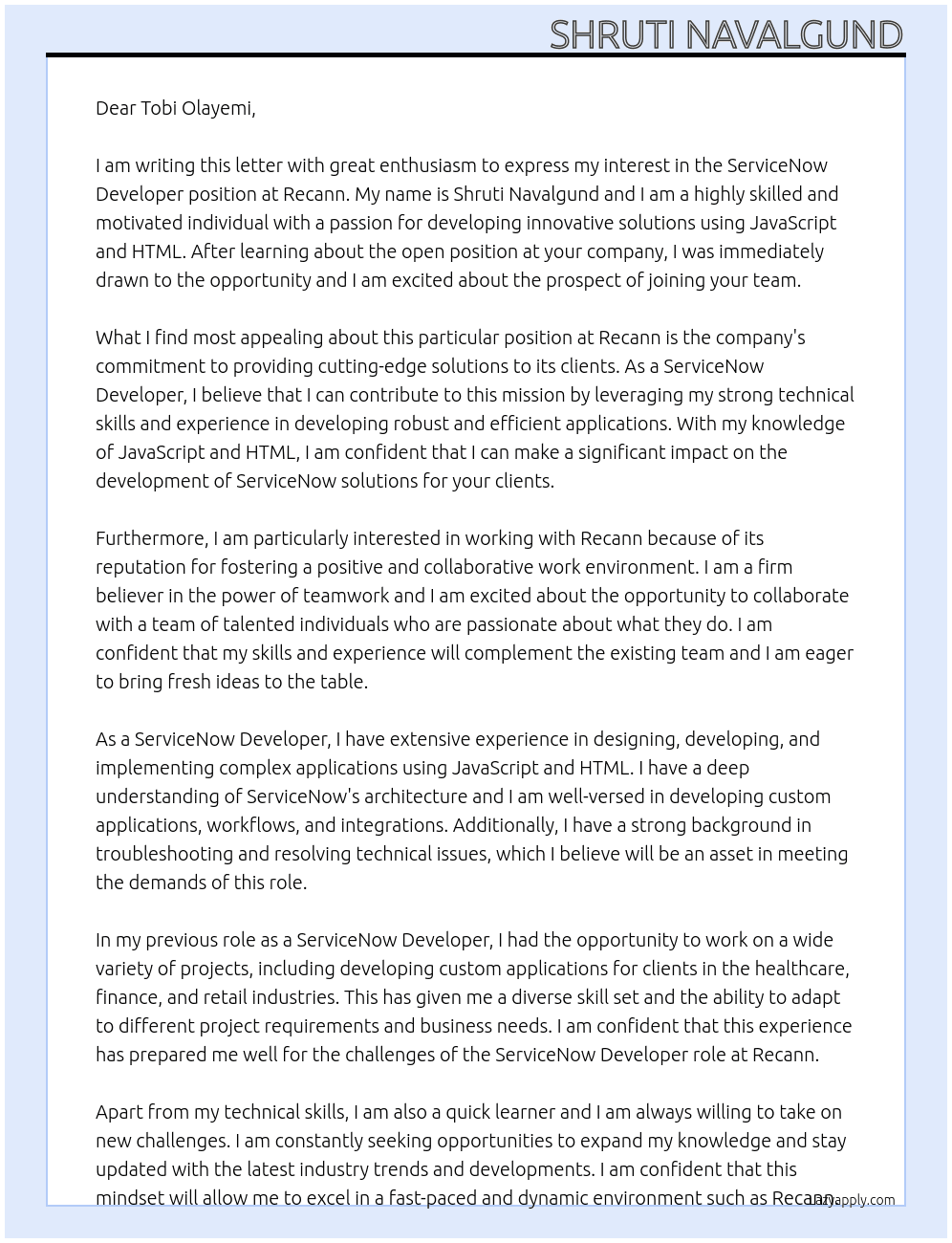 ServiceNow Developer At Recann Cover Letter