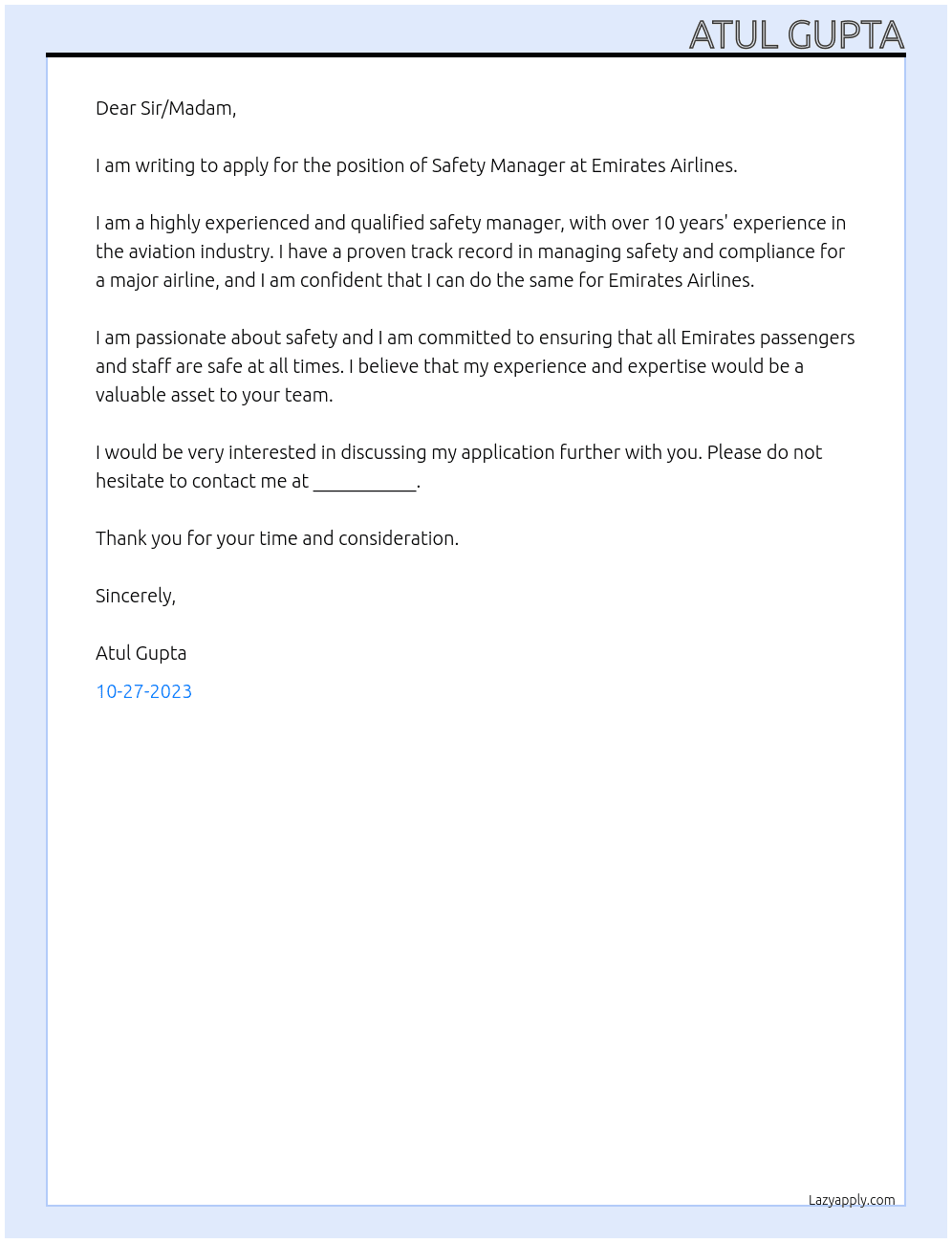 Safety Manager At Emirates Airlines Cover Letter