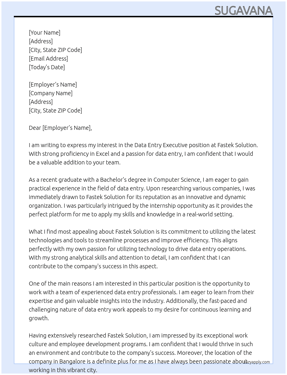 Data entry executive  At Fastek solution Cover Letter