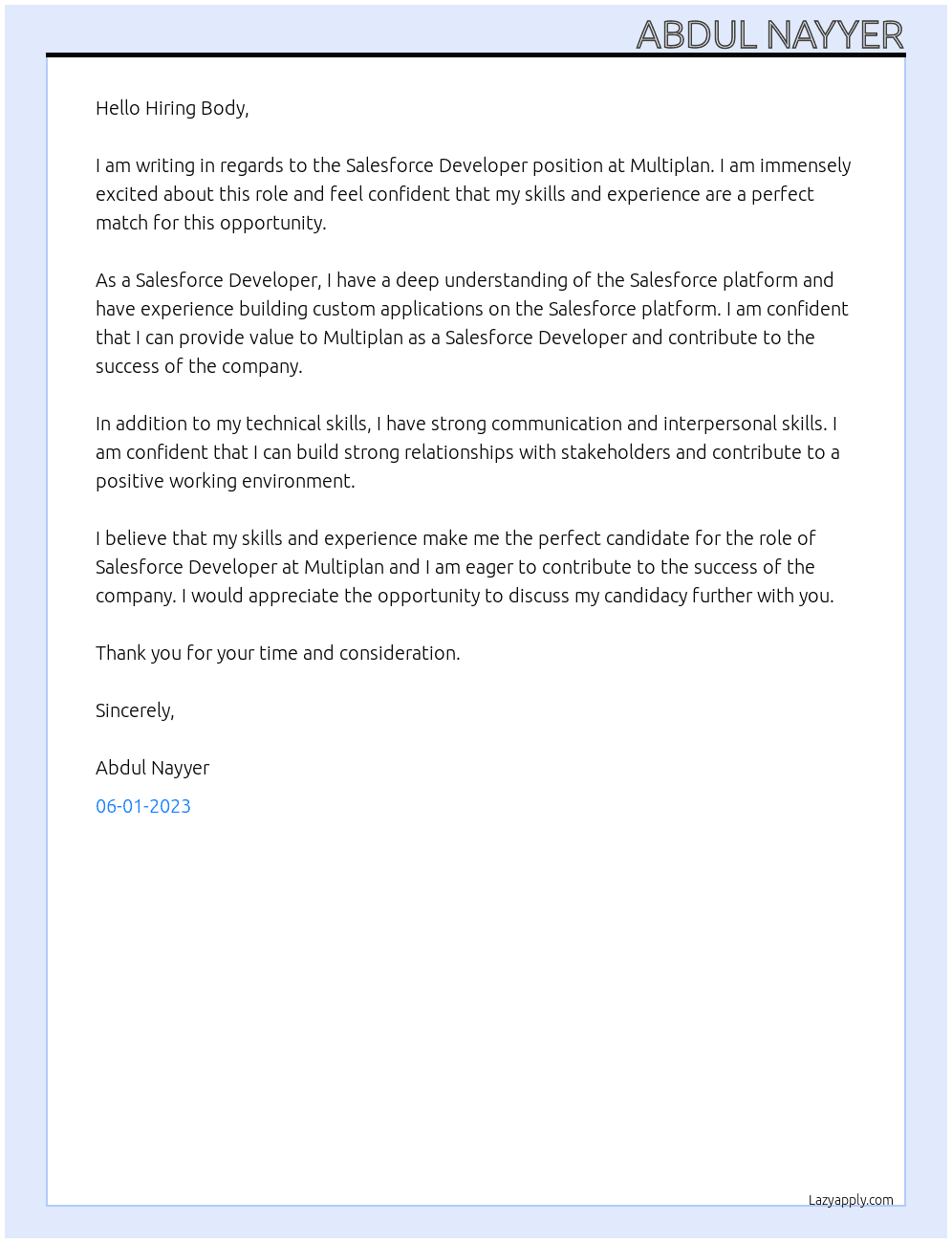 Salesforce Developer At Multiplan Cover Letter