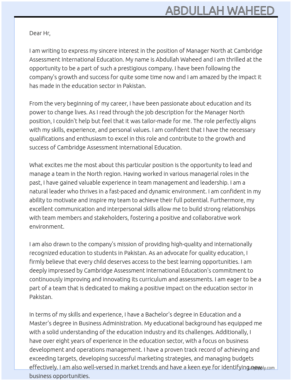  Manager north, Pakistan  At Cambridge assessment international education  Cover Letter