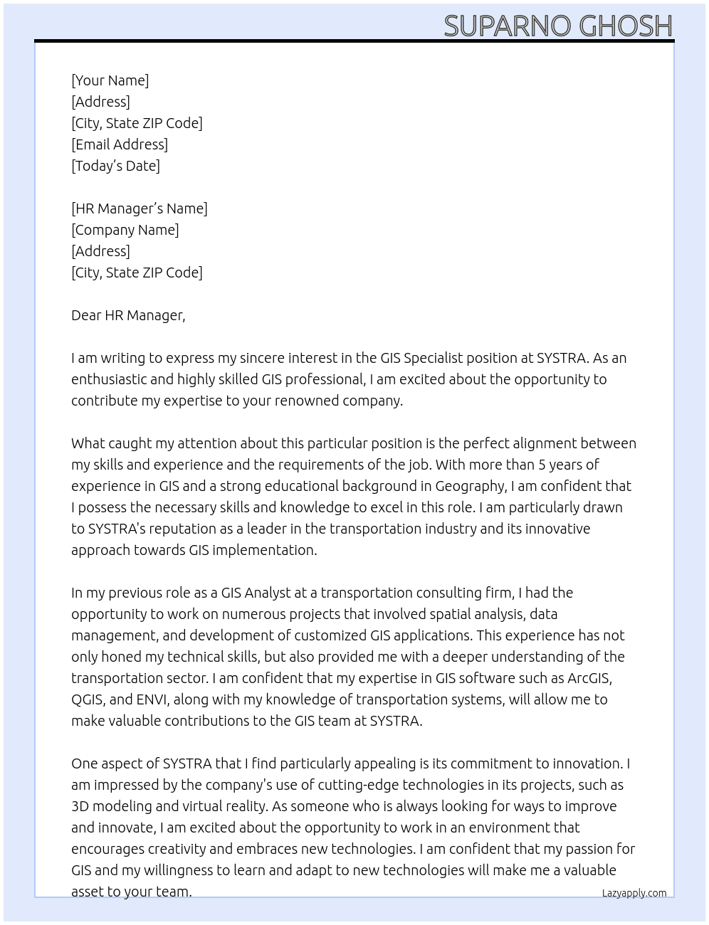 GIS Specialist At SYSTRA Cover Letter
