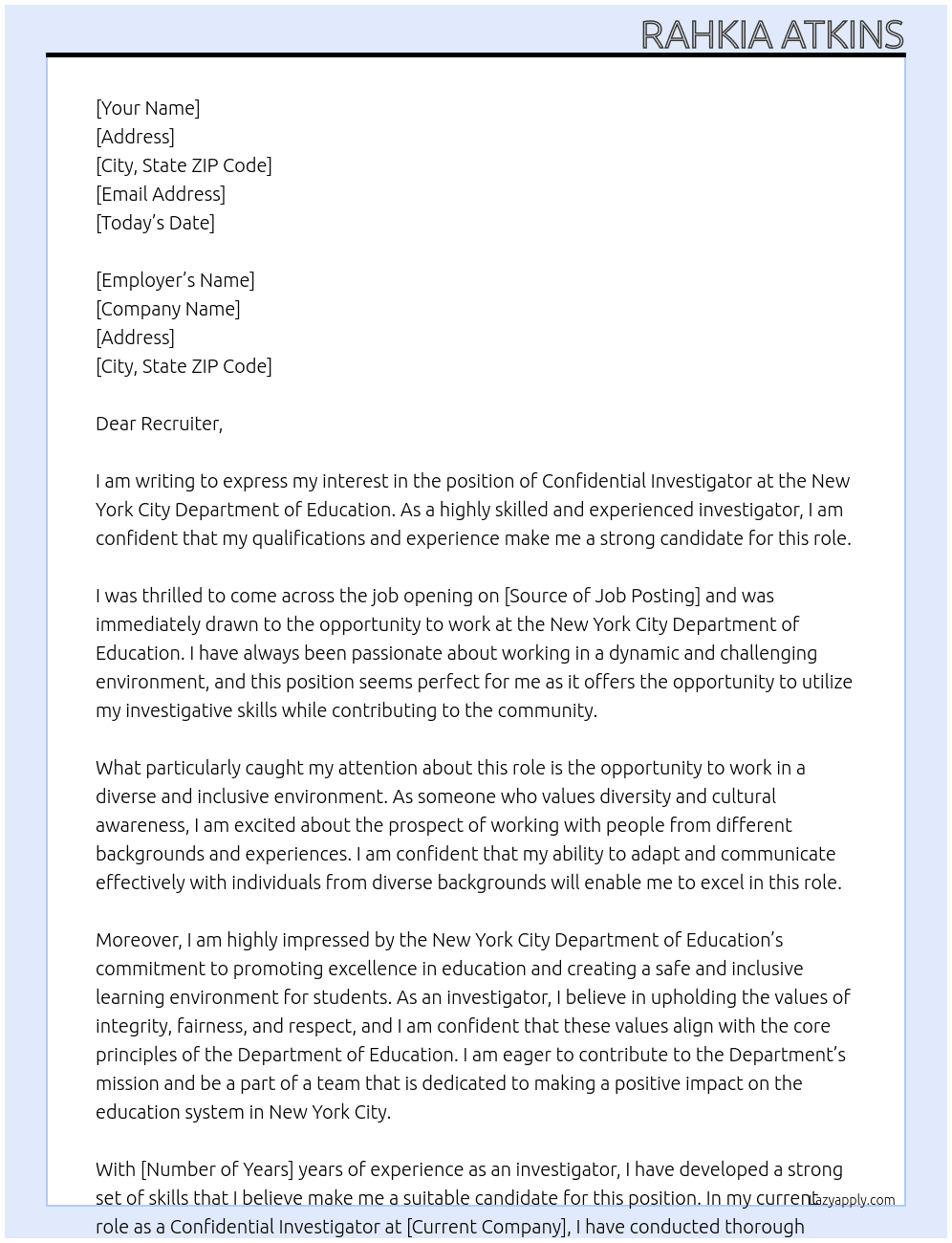 Confidential Investigator At New York City Department of education Cover Letter