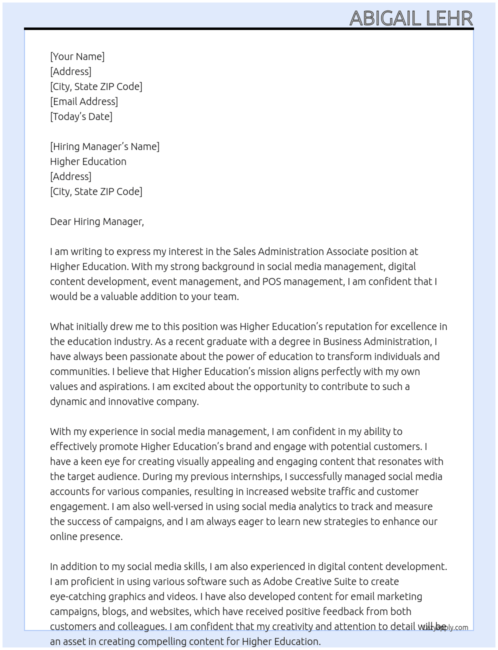 Sales Administration Associate At Higher Education  Cover Letter