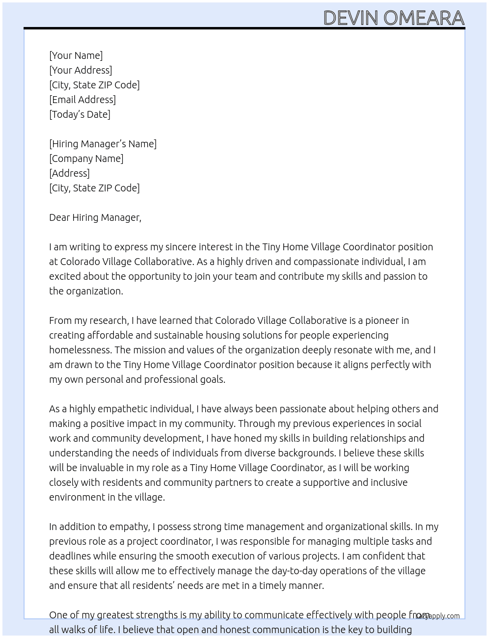 Tiny Home Village Coordinator At Colorado Village Collaborative Cover Letter