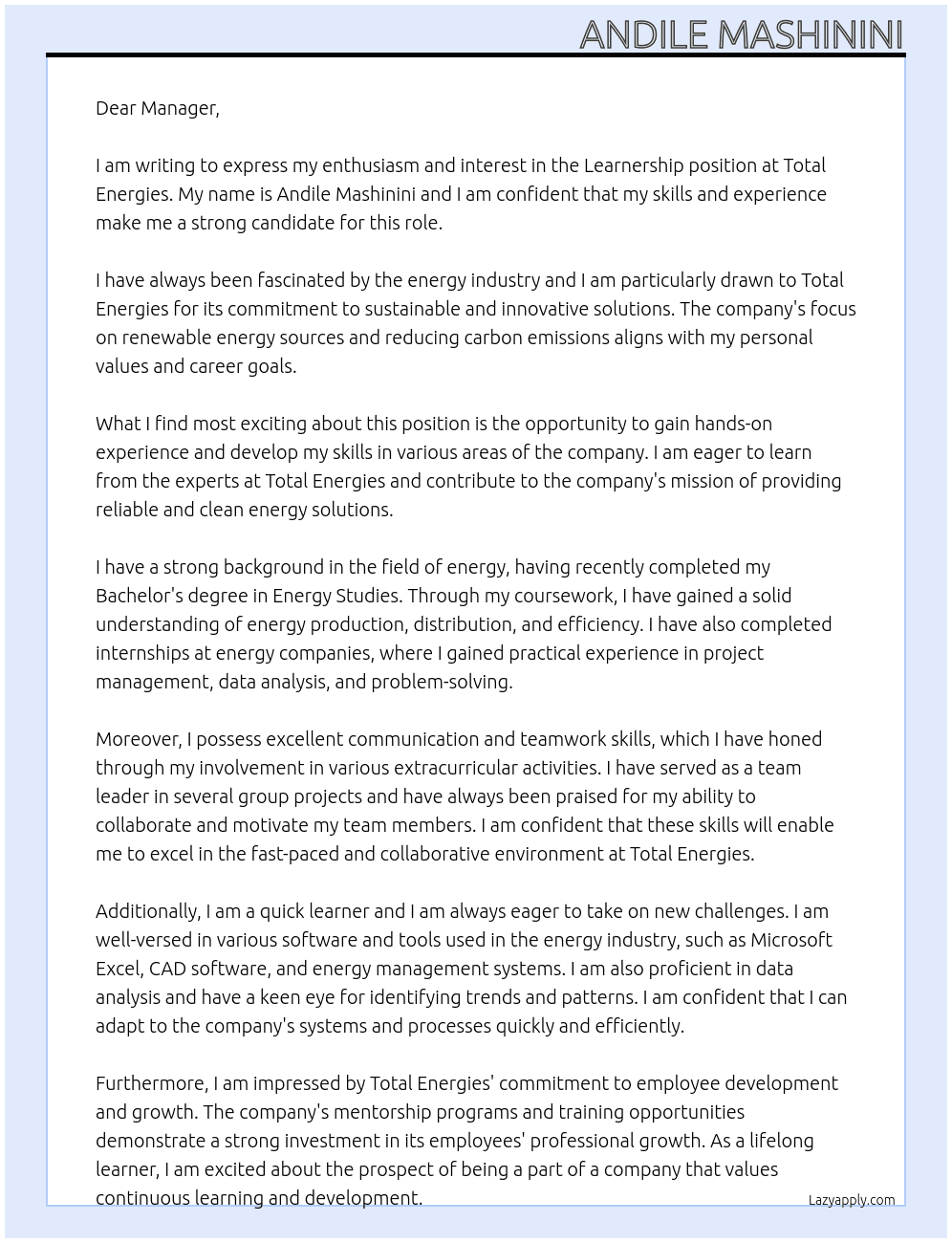 Learnership  At Total enegies Cover Letter