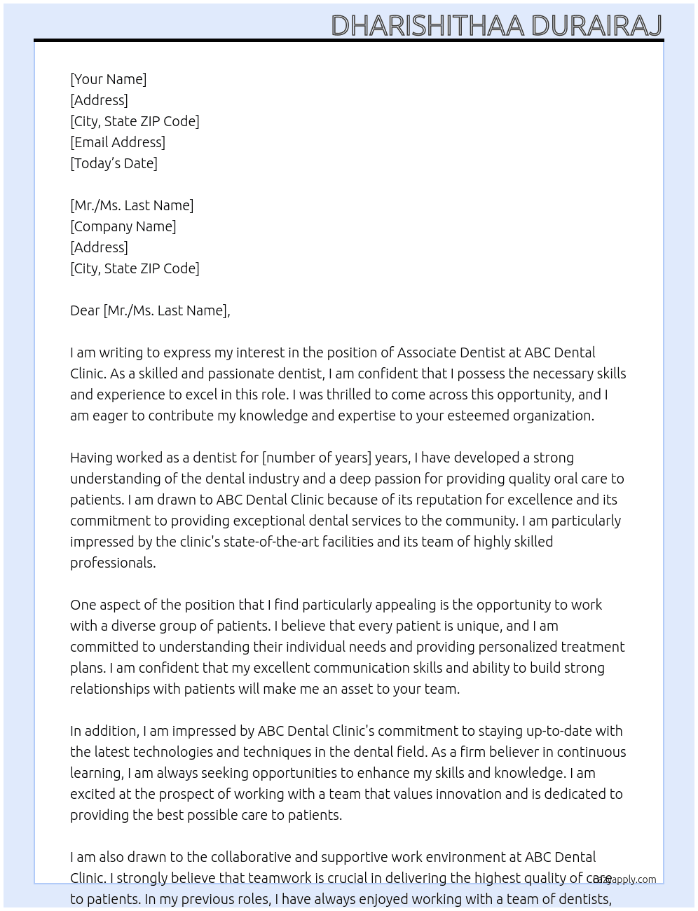 associate dentist At ABC DENTAL CLINIC Cover Letter