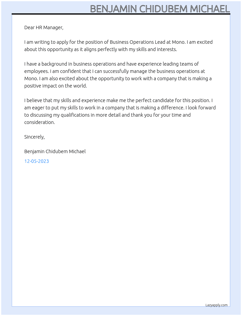Business Operations Lead At Mono Cover Letter