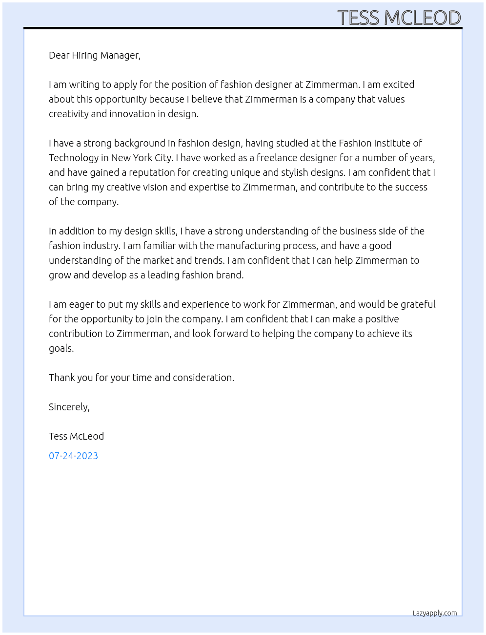 Fashion designer At Zimmerman Cover Letter