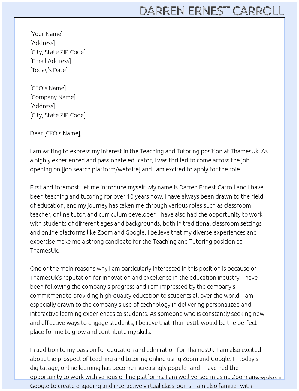 Teaching and Tutoring At ThamesUk Cover Letter